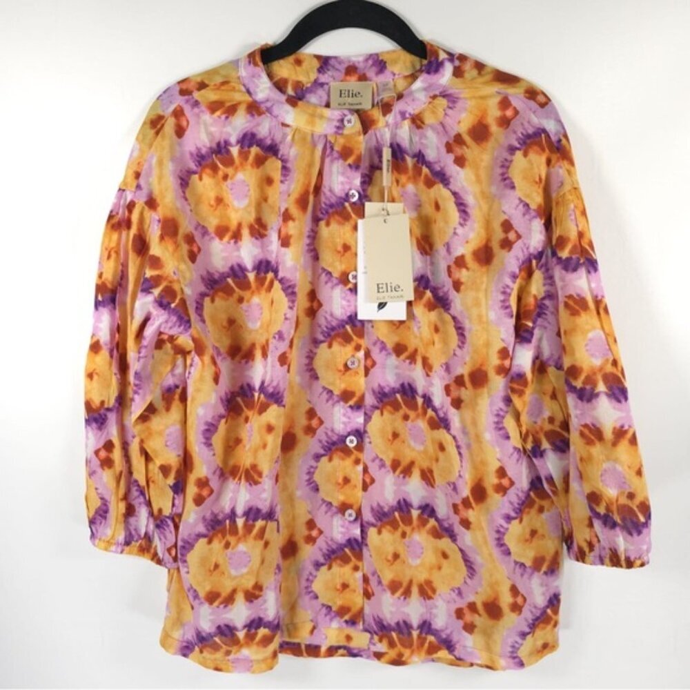 NWT ELIE. ELIE TAHARI Abstract Print Button Up Collarless Shirt ЕН422033 SMALL